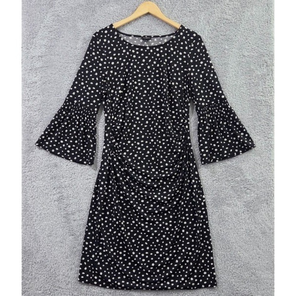 Talbots A-Line Midi Dress Women's Large Black White Polka Dot Bell Sleeve Ruched